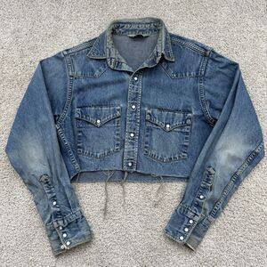 Vintage 80s Carhartt Denim Crop Pearl Snap Shirt Womens Large Raw Hem